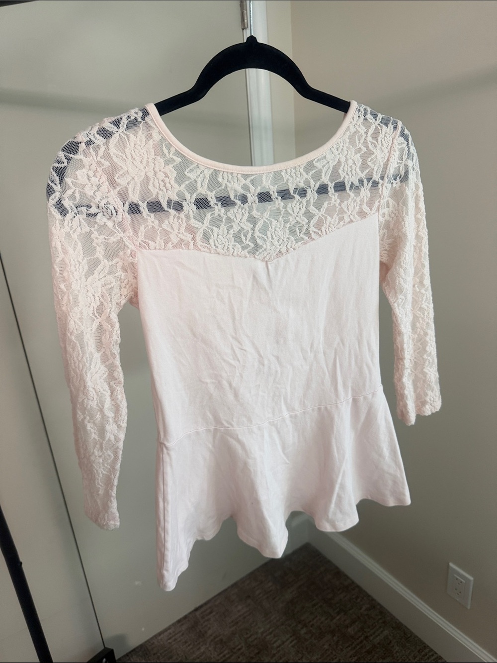 Express Lace Yoke Peplum Top - Light Pink